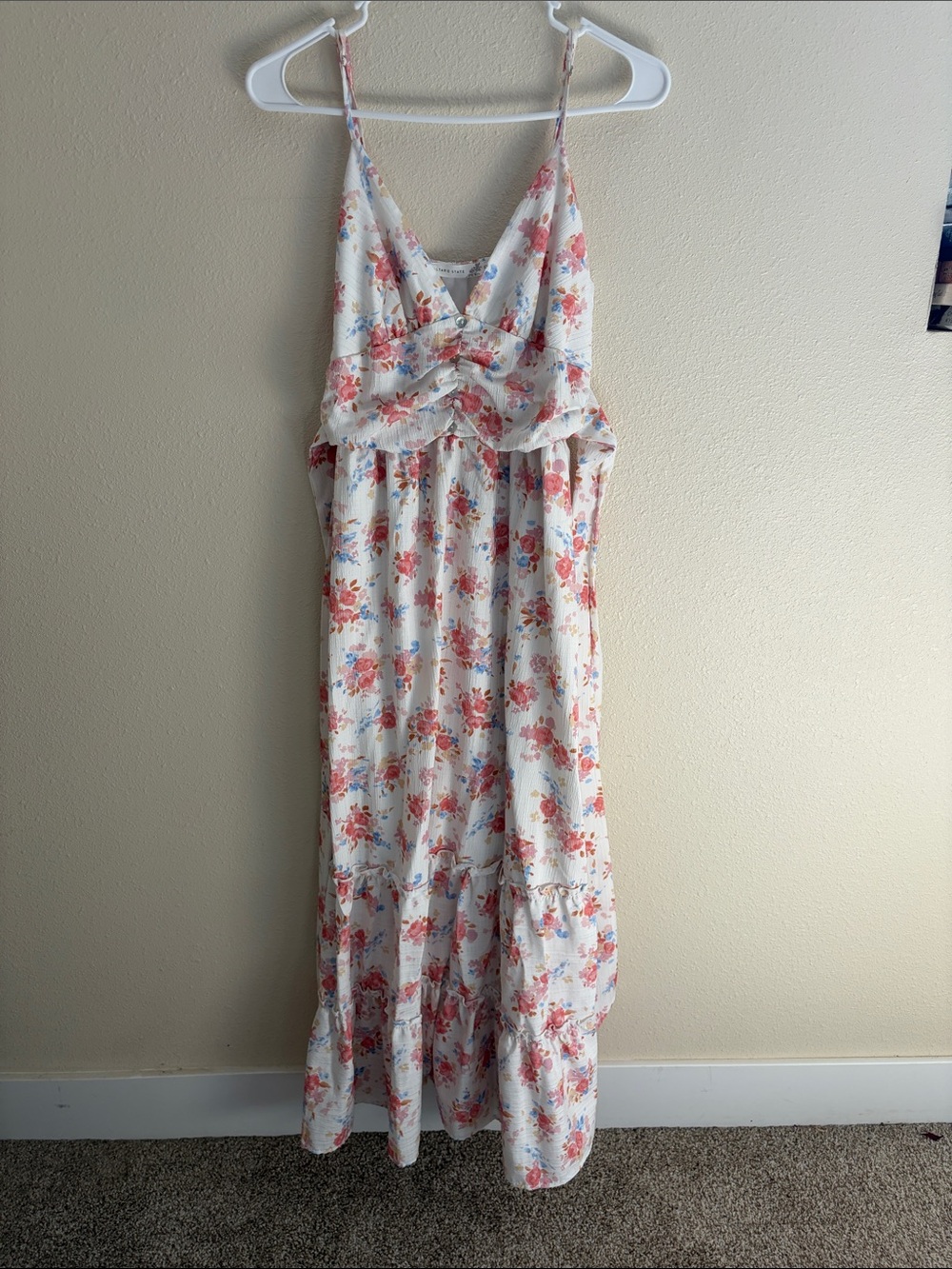 Altar'd State White Floral Maxi Dress with Pink & Blue Print